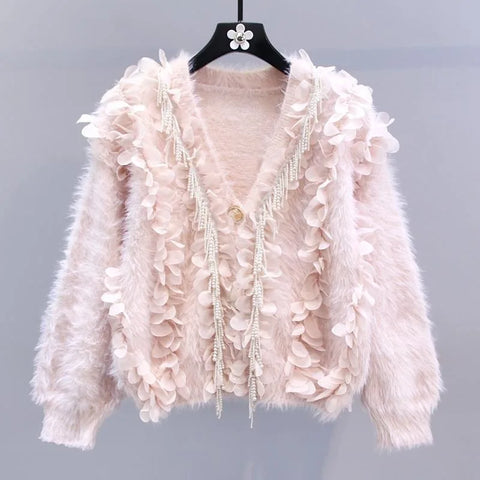 Luxury Women 3D Petals Mink Cashmere Knitted Cardigan Velvet Pearls Beaded Mohair Sweater Coat Fringed Floral Jacket Crop Tops - Luxury Women 3D Petals Mink Cashmere Knitted Cardigan Velvet Pearls Beaded Mohair Sweater Coat Fringed Floral Jacket Crop Tops - Sharon Tatem LLC.