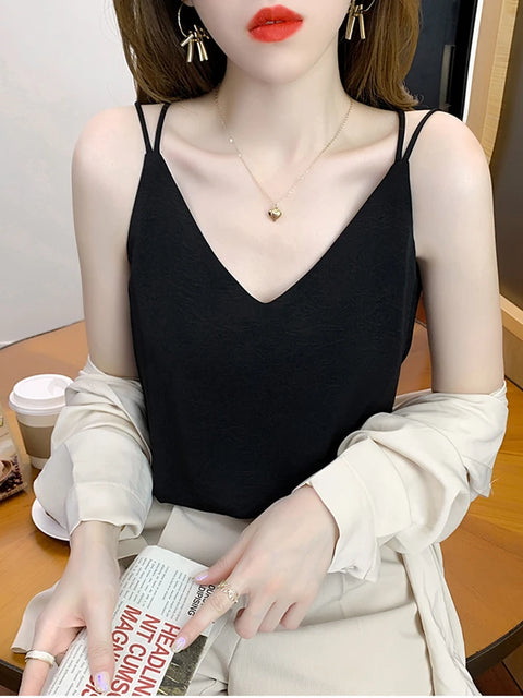 White Black Camisole Sexy V Neck Halter Strap Women Camis Silk Cross Backless Top Solid Crop Satin Tank Tops Female Underwear Vest Camisole - Camisole - Sharon Tatem LLC.