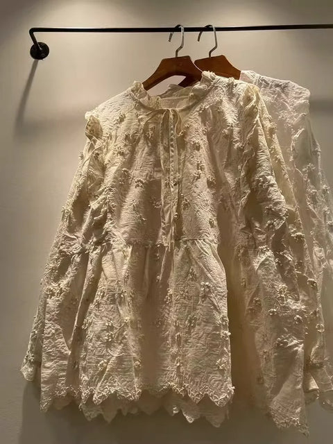 Lacey long sleeve fashion top  tops fashion stand collar embroidery white beige shirts and blouses for women autumn cotton long sleeve tops lolita clothes -  - Sharon Tatem LLC.