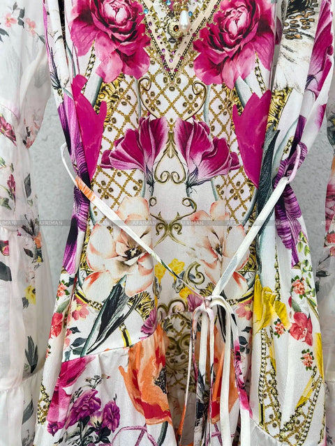 Designer Dress Women New V Neck Crystal Beaded Flower Print Flare Sleeve Loose Mini Silk Dress -  - Sharon Tatem LLC.