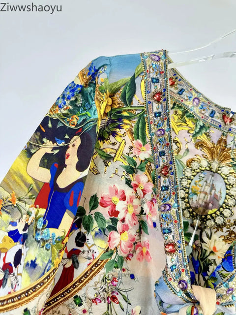 High Quality Autumn Women Fashion Runway Designer Silk Linen Beaded Cartoon Flower Printed Casual Full Sleeve A-line Mini Dress - Dresses - Sharon Tatem LLC.