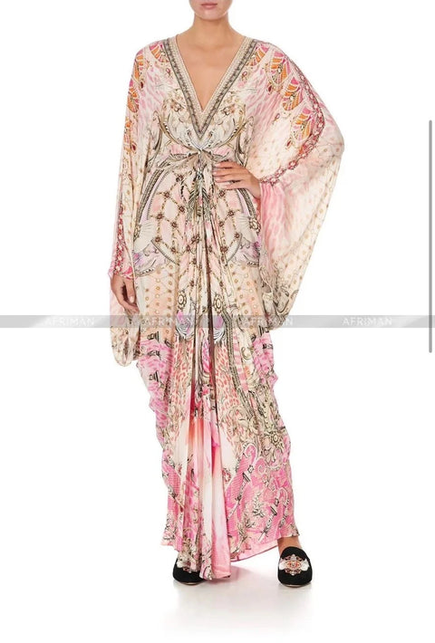 Exquisite designer dress Women New V Neck Crystal Beaded Flare Sleeve Pink Flower Print High Waist Silk Loose Long Dress - Dresses - Sharon Tatem LLC.