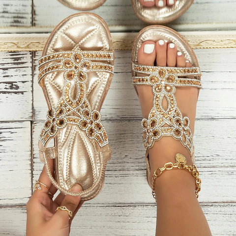 Rhinestones Sandals For Women With Elastic Ankle Strap Bohemian Beach Shoes Fashion Crystal Floral Casual Open Toe Shoes - Shoes - Sharon Tatem LLC.