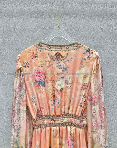 High End Designer Jeweled Silk Dress Silk Women V Neck Crystal Beaded Pink Flower Print Elastic Waist Multi-layer Mini Silk Dress - Dresses - Sharon Tatem LLC.