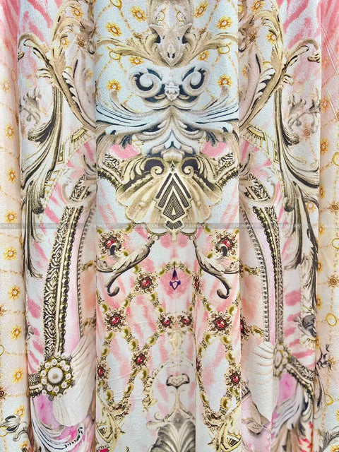 Exquisite designer dress Women New V Neck Crystal Beaded Flare Sleeve Pink Flower Print High Waist Silk Loose Long Dress - Dresses - Sharon Tatem LLC.