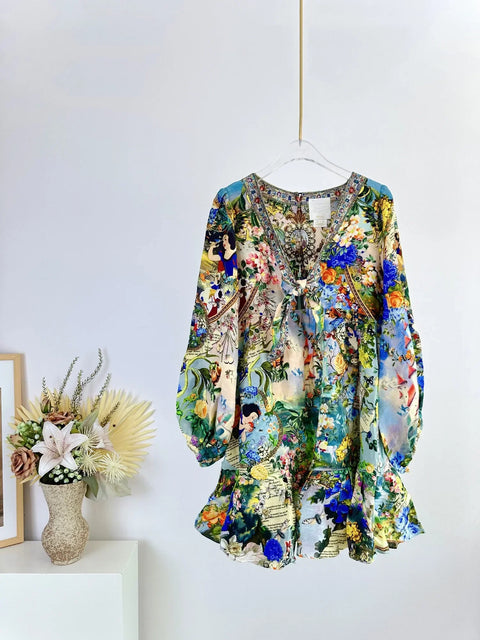 High Quality Autumn Women Fashion Runway Designer Silk Linen Beaded Cartoon Flower Printed Casual Full Sleeve A-line Mini Dress - Dresses - Sharon Tatem LLC.