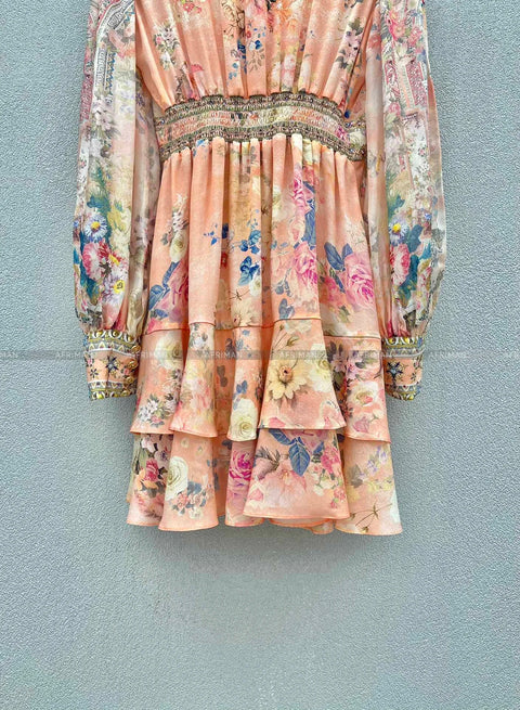 High End Designer Jeweled Silk Dress Silk Women V Neck Crystal Beaded Pink Flower Print Elastic Waist Multi-layer Mini Silk Dress - Dresses - Sharon Tatem LLC.