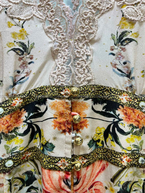 Women V Neck Lace Embroidery Patchwork Silk Floral Print Lantern Sleeve A-line Maxi Long Dress -  - Sharon Tatem LLC.