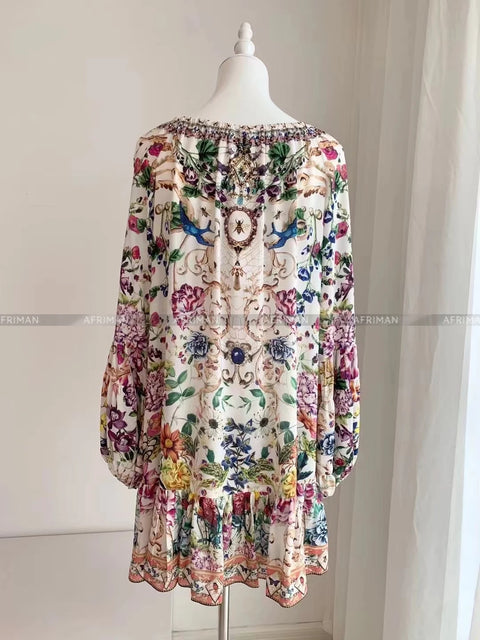Women Retro Slash Collar Crystal Beaded Floral Print Flare Sleeve 100% Silk Loose A-line Dress - Dresses - Sharon Tatem LLC.