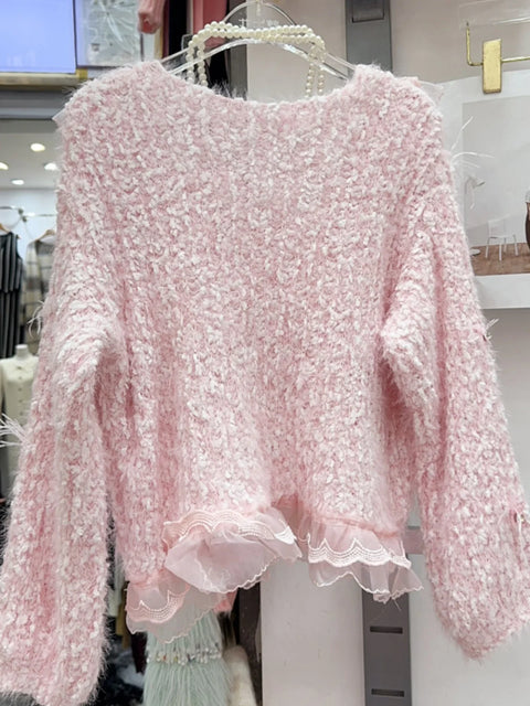 Gorgeous Sweater Sweet Heavy Industry Diamond Inlaid Three-Dimensional Petal Flower Feather Knitted Pullovers French Soft Gentle Sweater - sweater - Sharon Tatem LLC.