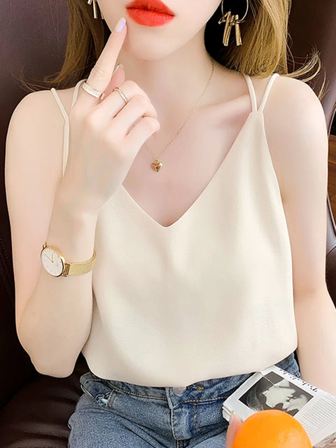 White Black Camisole Sexy V Neck Halter Strap Women Camis Silk Cross Backless Top Solid Crop Satin Tank Tops Female Underwear Vest Camisole - Camisole - Sharon Tatem LLC.