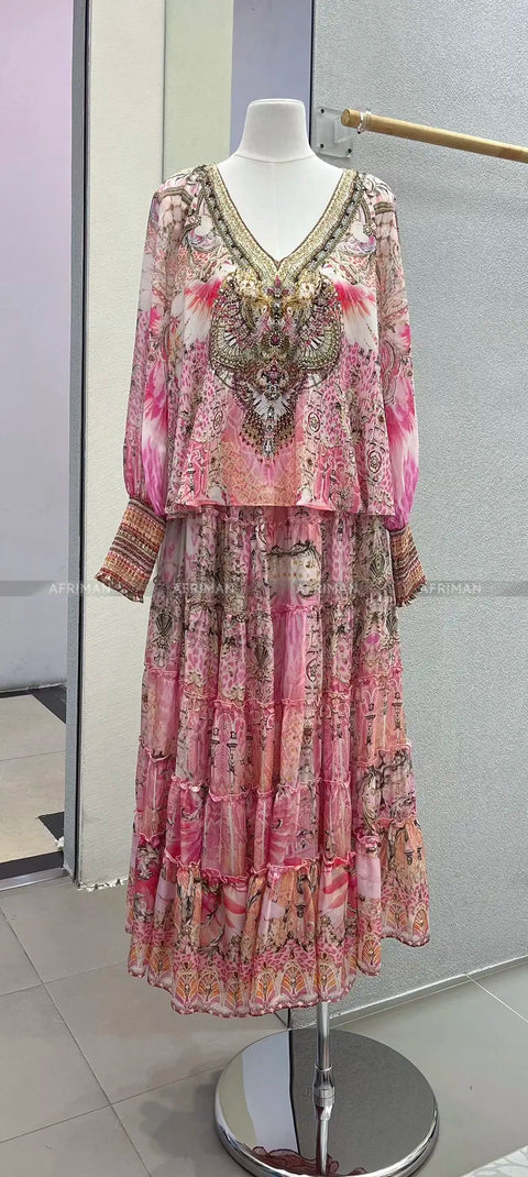 Designer Jeweled Silk Dress Silk Women V Neck Crystal Beaded Pink Flower Print Elastic Waist Multi-layer Mini Silk Dress Women New V Neck Crystal Beaded Retro Print Long Sleeve Loose Silk Blouse+ Elastic High Waist Maxi Long Silk Skirt Set - Dresses - Sharon Tatem LLC.