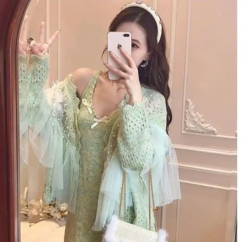 High Quality Knit Set Stunning jacket Women Mesh Spliced Ruffles Hollowed Out Knitted Cardigan Floral Crocheted Pearls Beaded Sweater Coat Camisole Dress 2Pcs Set - Dress Set with jacket - Sharon Tatem LLC.