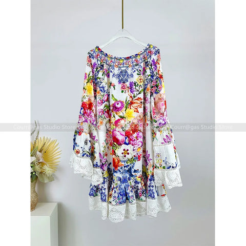 Australian niche noblewoman crushed floral one neck strapless lace lace long sleeve vacation dress short skirt - Dresses - Sharon Tatem LLC.