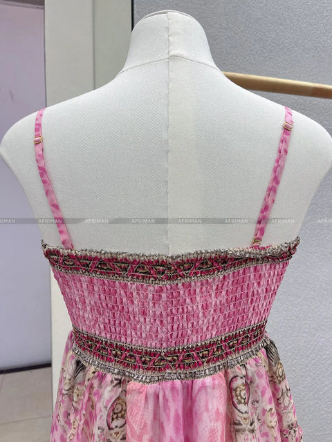 Designer Jeweled Silk Dress Silk Women V Neck Crystal Beaded Pink Flower Print Elastic Waist Multi-layer Mini Silk Dress Women New V Neck Crystal Beaded Retro Print Long Sleeve Loose Silk Blouse+ Elastic High Waist Maxi Long Silk Skirt Set - Dresses - Sharon Tatem LLC.