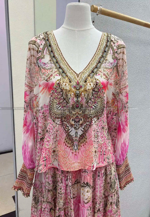 Designer Jeweled Silk Dress Silk Women V Neck Crystal Beaded Pink Flower Print Elastic Waist Multi-layer Mini Silk Dress Women New V Neck Crystal Beaded Retro Print Long Sleeve Loose Silk Blouse+ Elastic High Waist Maxi Long Silk Skirt Set - Dresses - Sharon Tatem LLC.