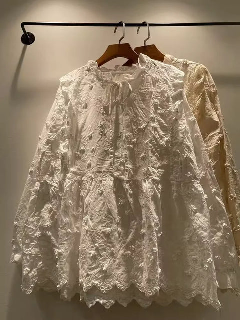 Lacey long sleeve fashion top  tops fashion stand collar embroidery white beige shirts and blouses for women autumn cotton long sleeve tops lolita clothes -  - Sharon Tatem LLC.