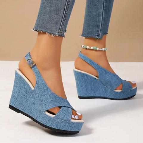 DOGHC 2024 NEW Size 35-43 Shoes for Women Ankle Buckle Wedges Sandals for Women Summer Denim Sandal Comfortable Thick Sole - Sandals - Sharon Tatem LLC.