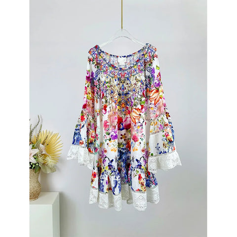 Australian niche noblewoman crushed floral one neck strapless lace lace long sleeve vacation dress short skirt - Dresses - Sharon Tatem LLC.