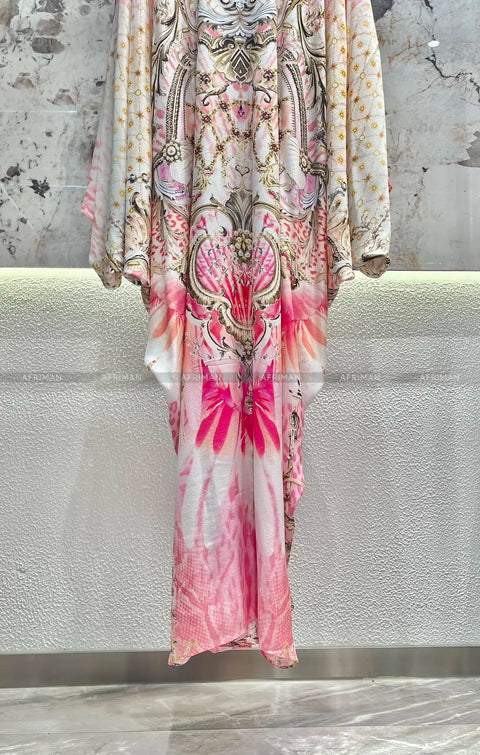 Exquisite designer dress Women New V Neck Crystal Beaded Flare Sleeve Pink Flower Print High Waist Silk Loose Long Dress - Dresses - Sharon Tatem LLC.