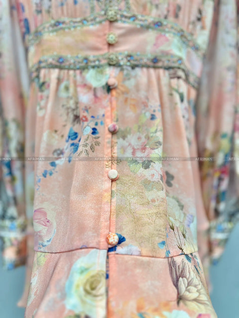 High End Designer Jeweled Silk Dress Silk Women V Neck Crystal Beaded Pink Flower Print Elastic Waist Multi-layer Mini Silk Dress - Dresses - Sharon Tatem LLC.
