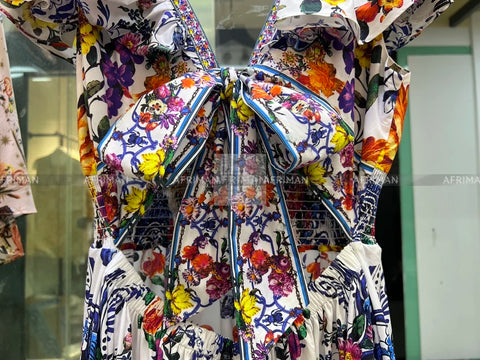 Women V Neck Crystal Beaded Flying Sleeve Retro Flower Print Elastic Waist Big Swing Midi Dress -  - Sharon Tatem LLC.
