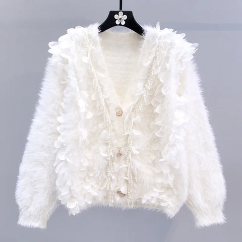 Luxury Women 3D Petals Mink Cashmere Knitted Cardigan Velvet Pearls Beaded Mohair Sweater Coat Fringed Floral Jacket Crop Tops - Luxury Women 3D Petals Mink Cashmere Knitted Cardigan Velvet Pearls Beaded Mohair Sweater Coat Fringed Floral Jacket Crop Tops - Sharon Tatem LLC.