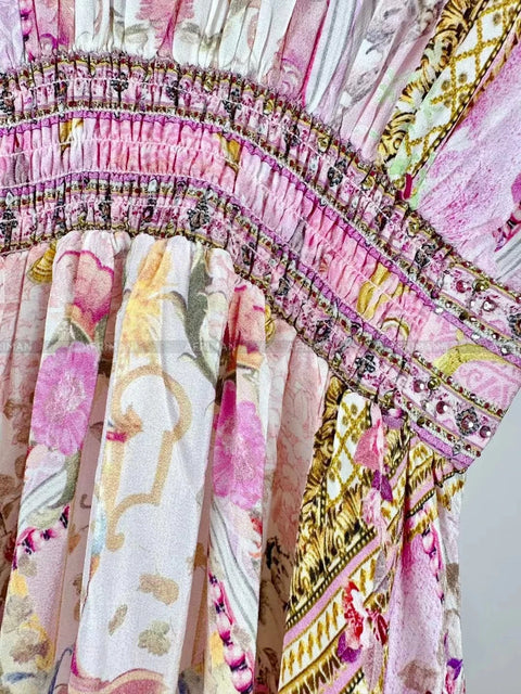 Designer Dress Women Bohemian Style V Neck Batwing Sleeve Pink Print High Waist 100% Silk Midi Dress - Dresses - Sharon Tatem LLC.