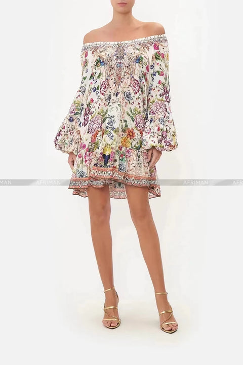 Women Retro Slash Collar Crystal Beaded Floral Print Flare Sleeve 100% Silk Loose A-line Dress - Dresses - Sharon Tatem LLC.