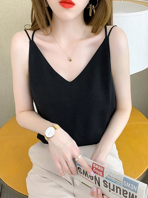 White Black Camisole Sexy V Neck Halter Strap Women Camis Silk Cross Backless Top Solid Crop Satin Tank Tops Female Underwear Vest Camisole - Camisole - Sharon Tatem LLC.