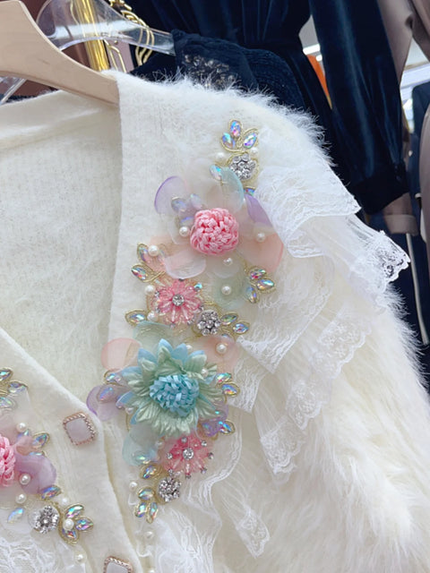 Sweater Top Pink White Autumn Winter Diamonds Beaded Lace Ruffles Mohair Sweater Flowers Embroidery Mink Cashmere Fur Knitted Cardigan V-neck Jacket - Sweater Top Pink White Autumn Winter Diamonds Beaded Lace Ruffles Mohair Sweater Flowers Embroidery Mink Cashmere Fur Knitted Cardigan V-neck Jacket - Sharon Tatem LLC.