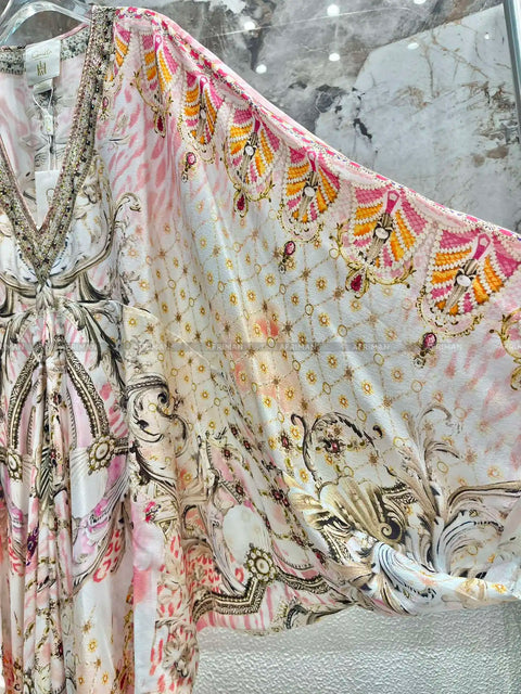 Exquisite designer dress Women New V Neck Crystal Beaded Flare Sleeve Pink Flower Print High Waist Silk Loose Long Dress - Dresses - Sharon Tatem LLC.