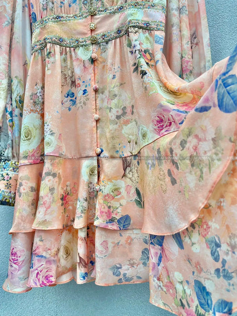 High End Designer Jeweled Silk Dress Silk Women V Neck Crystal Beaded Pink Flower Print Elastic Waist Multi-layer Mini Silk Dress - Dresses - Sharon Tatem LLC.