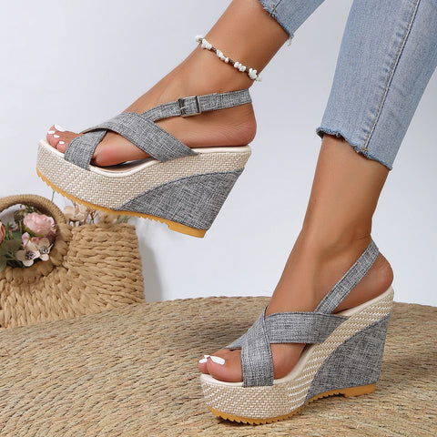 2024 New Summer New Style One-line Strap Cloth Thick-soled Buckle Sandals Large Size Thick-soled Wedge Sandals for Women - Sandals - Sharon Tatem LLC.