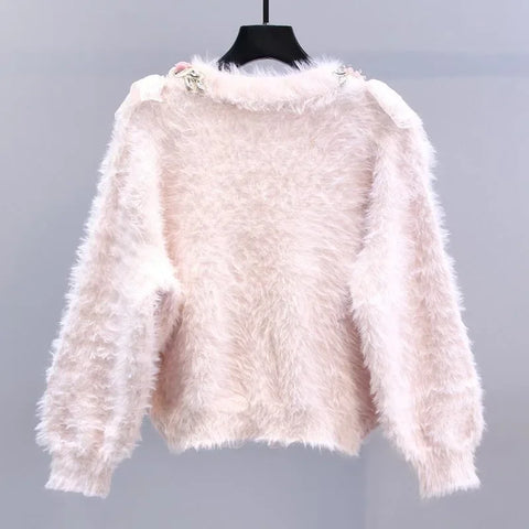 Gorgeous Pink Sweater Women V neck Pink 3d Floral Diamonds Beaded Knitted Cardigan Autumn Pearls Beaded Sweaters Long Sleeve Mohair Sweater Coat Tops -  - Sharon Tatem LLC.