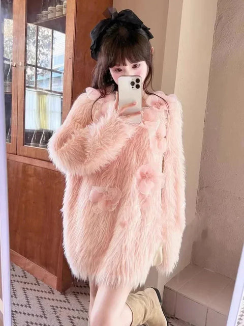 Soft Sweater Stunning Loose Heavy Duty Beaded Flower Knitted Dress 2024 Women Autumn Winter Sweet Large Thickened Mink Fleece Sweater Dresses - Soft Sweater - Sharon Tatem LLC.