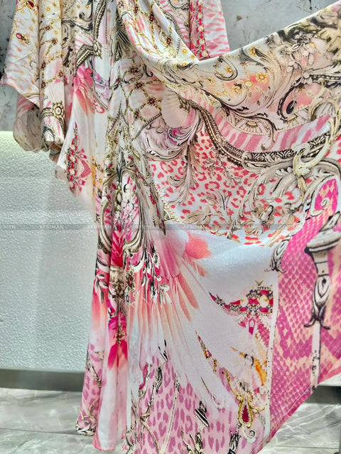 Exquisite designer dress Women New V Neck Crystal Beaded Flare Sleeve Pink Flower Print High Waist Silk Loose Long Dress - Dresses - Sharon Tatem LLC.