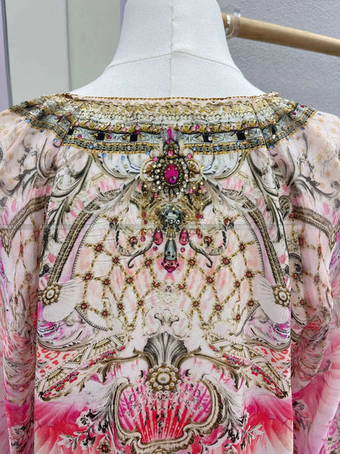 Designer Jeweled Silk Dress Silk Women V Neck Crystal Beaded Pink Flower Print Elastic Waist Multi-layer Mini Silk Dress Women New V Neck Crystal Beaded Retro Print Long Sleeve Loose Silk Blouse+ Elastic High Waist Maxi Long Silk Skirt Set - Dresses - Sharon Tatem LLC.