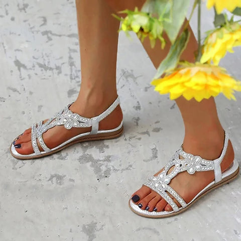 Rhinestones Sandals For Women With Elastic Ankle Strap Bohemian Beach Shoes Fashion Crystal Floral Casual Open Toe Shoes - Shoes - Sharon Tatem LLC.
