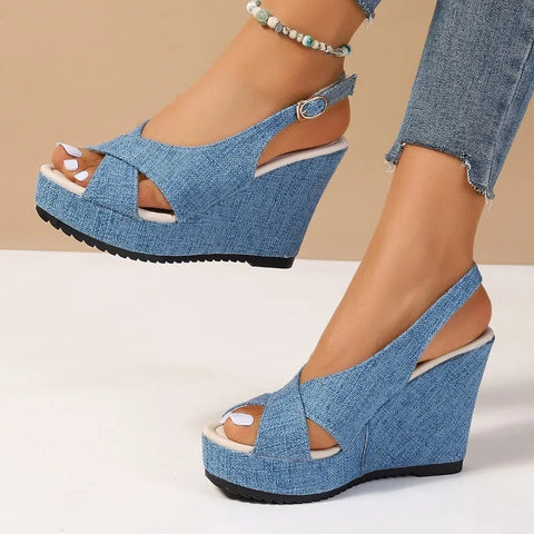 DOGHC 2024 NEW Size 35-43 Shoes for Women Ankle Buckle Wedges Sandals for Women Summer Denim Sandal Comfortable Thick Sole - Sandals - Sharon Tatem LLC.