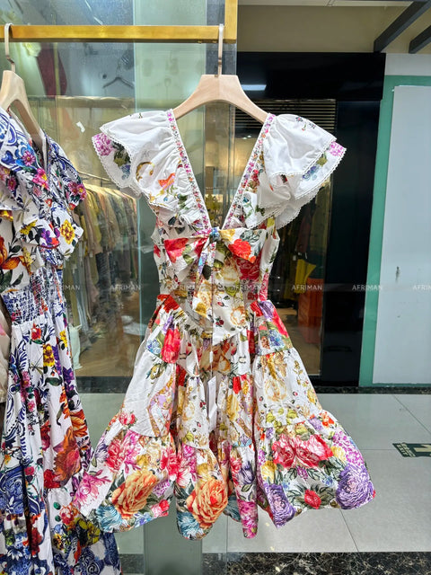 2024 New V Neck Heavy Beaded Flying Sleeve Flower Print Elastic Waist Backless Bow Decoration Big Swing Short Dress - Dresses - Sharon Tatem LLC.