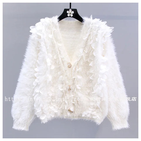 Luxury Women 3D Petals Mink Cashmere Knitted Cardigan Velvet Pearls Beaded Mohair Sweater Coat Fringed Floral Jacket Crop Tops - Luxury Women 3D Petals Mink Cashmere Knitted Cardigan Velvet Pearls Beaded Mohair Sweater Coat Fringed Floral Jacket Crop Tops - Sharon Tatem LLC.