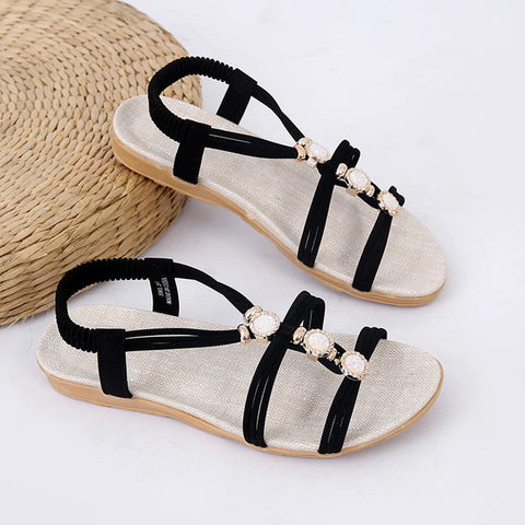 Women's sandals Ladies Fashion Suede Rhinestone Elastic Band Open Toe Flat Roman Sandals elegant sandals woman - Shoes Sandals - Sharon Tatem LLC.