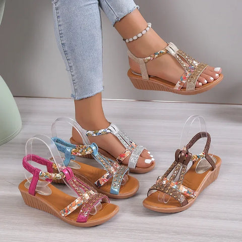 Shoes for Women Summer Women Wedge Bohemia Rhinestones Casual Platform Sandals Female Peep Toe Outdoor Beach Shoes 34-43 - Shoes Sandals - Sharon Tatem LLC.
