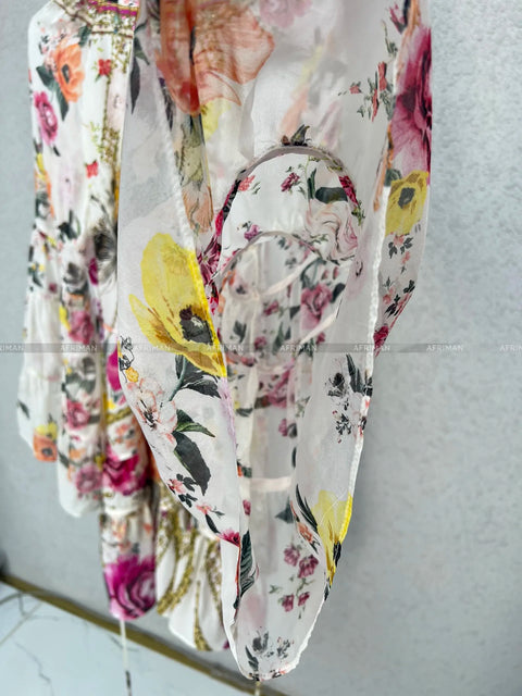 Designer Dress Women New V Neck Crystal Beaded Flower Print Flare Sleeve Loose Mini Silk Dress -  - Sharon Tatem LLC.