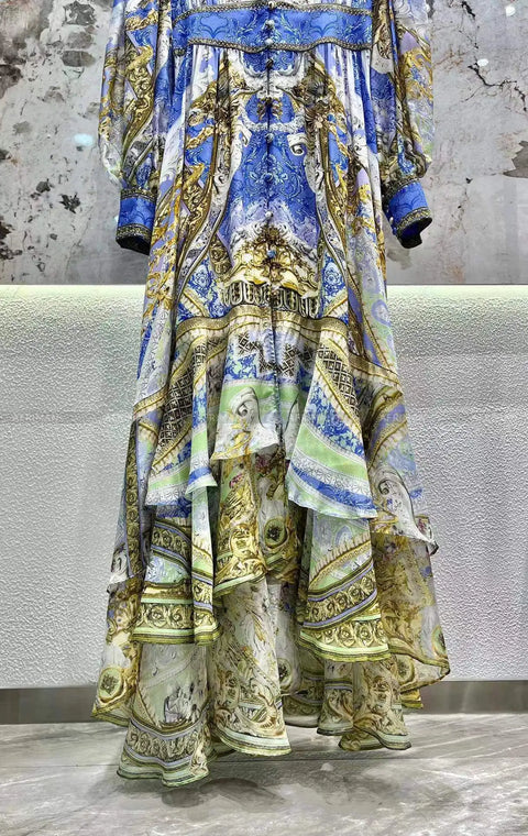 Designer Dress New Bohemian Style V Neck Purple Flower Print Long Sleeve Waist Multi-layer Silk Long Dress - Dresses - Sharon Tatem LLC.