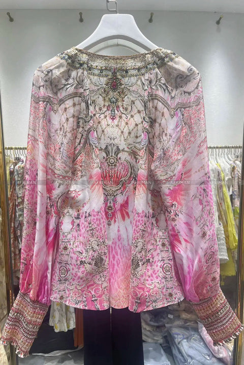 Designer Jeweled Silk Dress Silk Women V Neck Crystal Beaded Pink Flower Print Elastic Waist Multi-layer Mini Silk Dress Women New V Neck Crystal Beaded Retro Print Long Sleeve Loose Silk Blouse+ Elastic High Waist Maxi Long Silk Skirt Set - Dresses - Sharon Tatem LLC.
