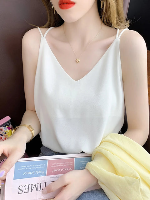 White Black Camisole Sexy V Neck Halter Strap Women Camis Silk Cross Backless Top Solid Crop Satin Tank Tops Female Underwear Vest Camisole - Camisole - Sharon Tatem LLC.