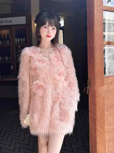 Soft Sweater Stunning Loose Heavy Duty Beaded Flower Knitted Dress 2024 Women Autumn Winter Sweet Large Thickened Mink Fleece Sweater Dresses - Soft Sweater - Sharon Tatem LLC.