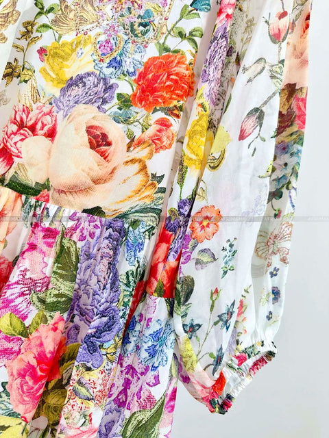 Women V Neck Crystal Beaded Long Sleeve Flower Print Low Waist 100% Silk Loose Mini Dress -  - Sharon Tatem LLC.